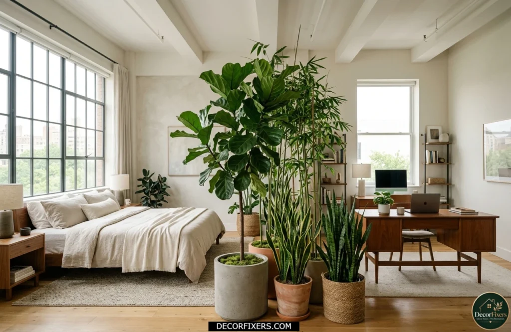 Tall indoor plants used as a natural divider between bedroom zones