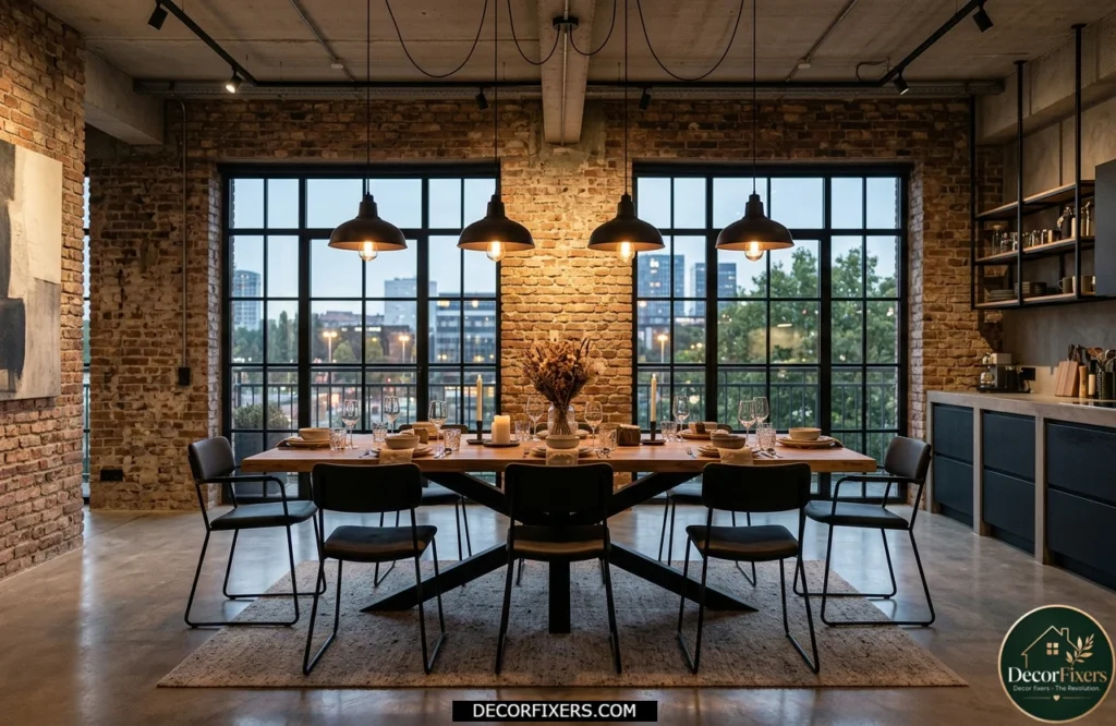 Industrial rectangular dining table with black metal base and wood tabletop