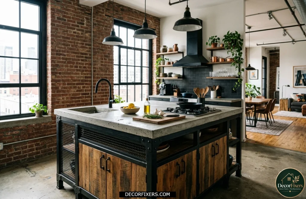 Industrial-style kitchen island featuring a concrete countertop and black steel frame.