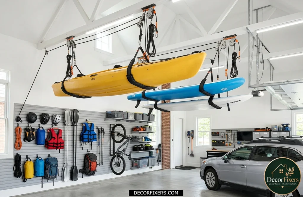 Kayak and paddleboard suspended from ceiling hoists inside an organized garage.