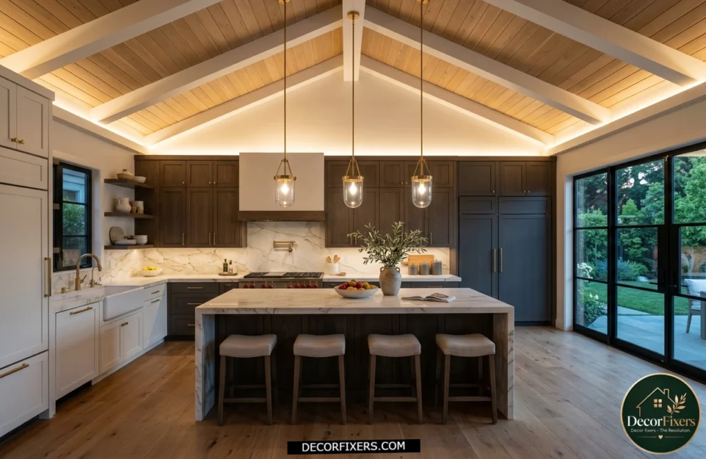 Kitchen with above-cabinet LED lighting creating soft indirect ceiling illumination