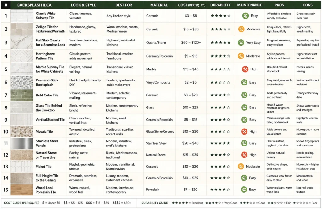 Comparison table of 15 kitchen backsplash ideas showing materials, costs, durability, maintenance, pros, and cons.