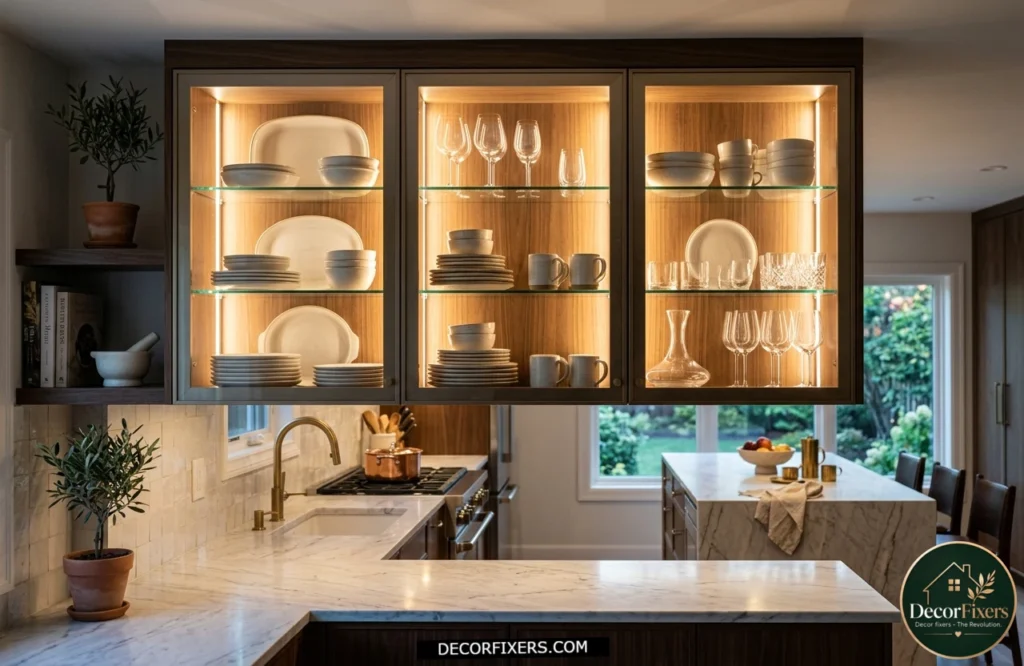 Kitchen cabinet interior lighting highlighting decorative dishware and glassware