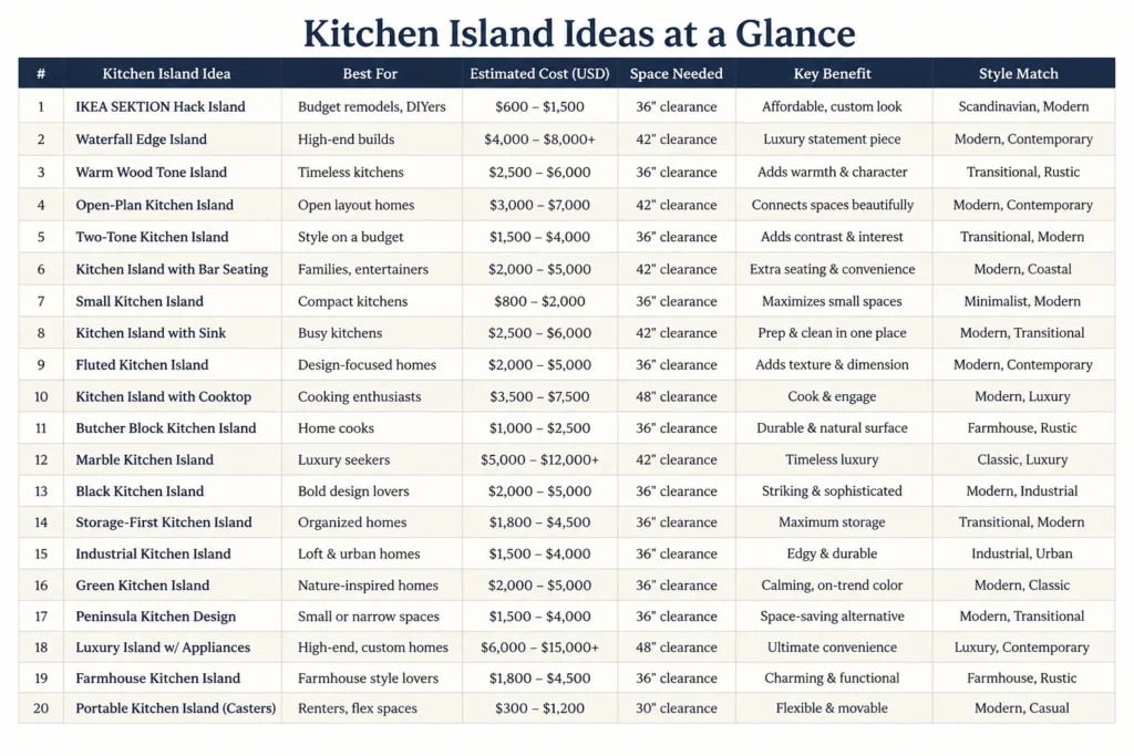 Kitchen island comparison table showing costs, space requirements, benefits, and style options for 20 kitchen island designs.