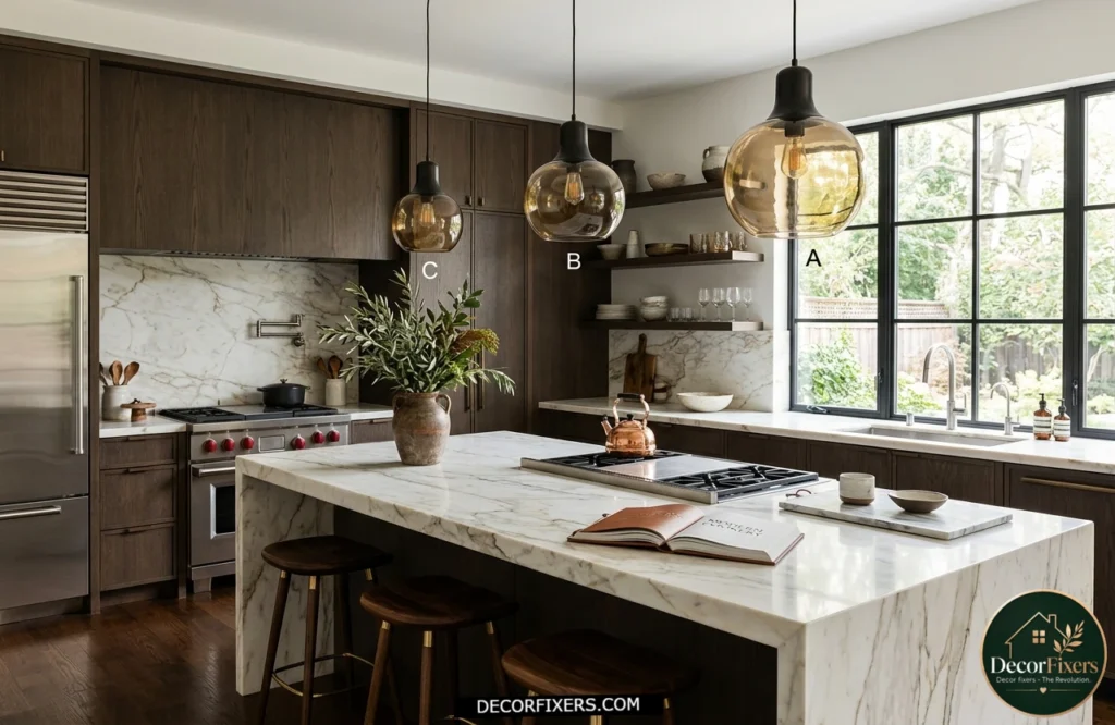 Kitchen island featuring pendant lights installed at different heights for visual interest