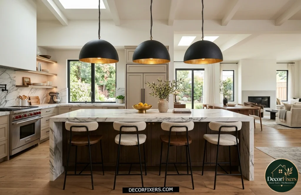 Kitchen island illuminated by designer pendant lights above a marble countertop