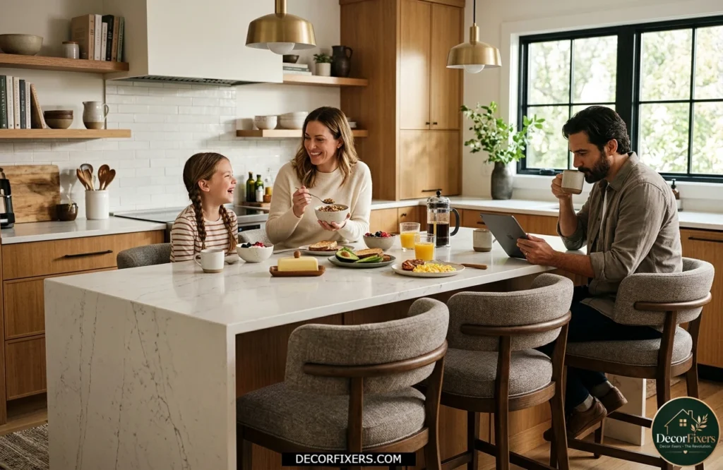 Kitchen island featuring comfortable bar seating for family meals and casual entertaining.