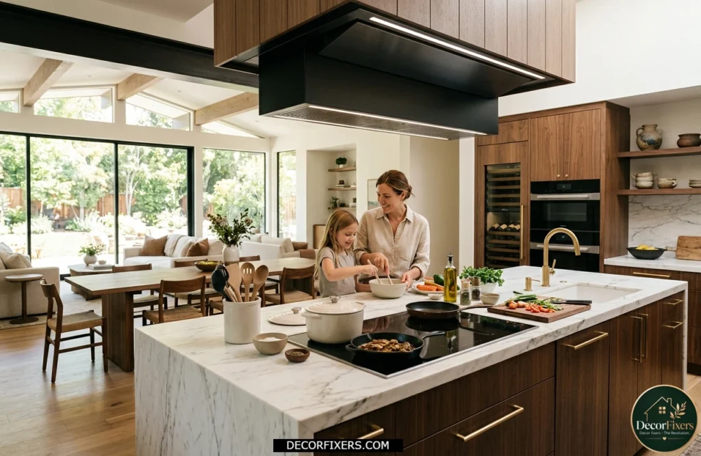 Contemporary kitchen island with built-in induction cooktop and overhead ventilation.