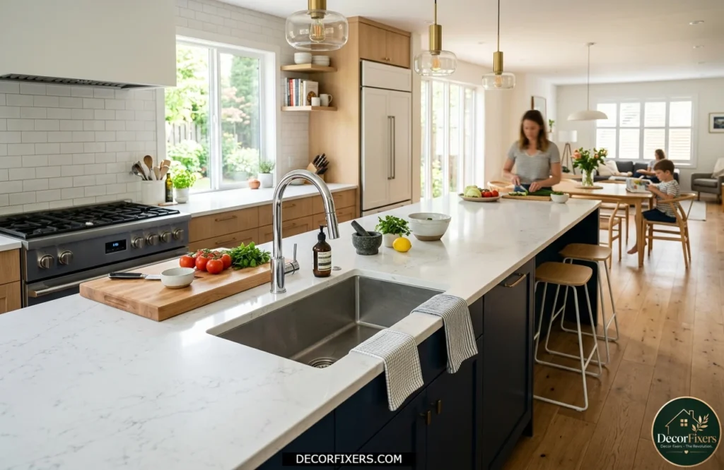 Kitchen island with integrated sink and spacious food preparation area.
