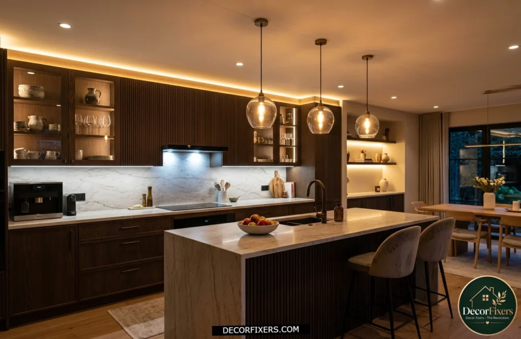 Kitchen featuring layered lighting with varied color temperatures for different zones
