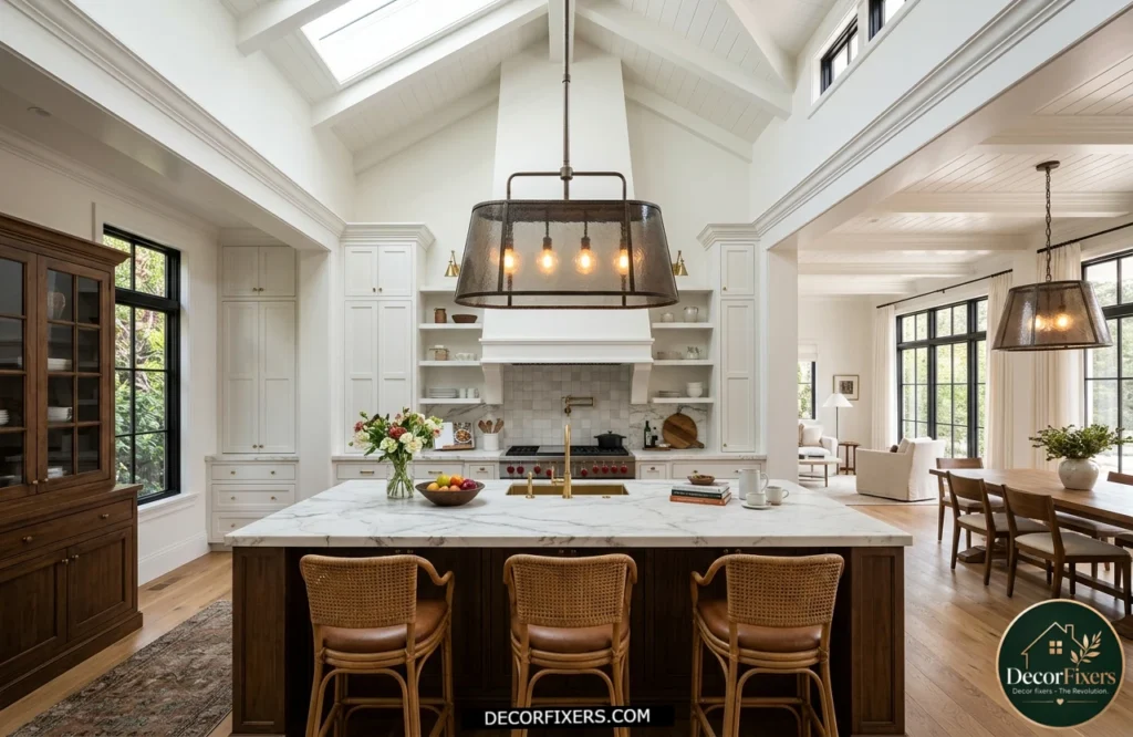 Kitchen with properly scaled lighting fixtures suited for a high ceiling design