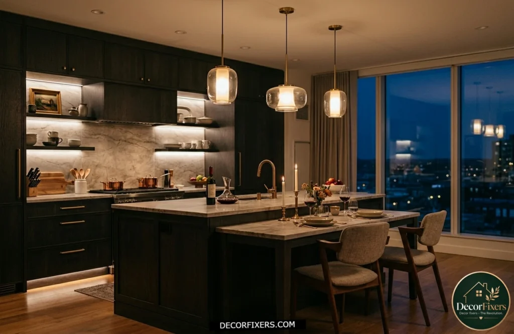 Kitchen lighting layers adjusted with dimmers for a warm and inviting atmosphere