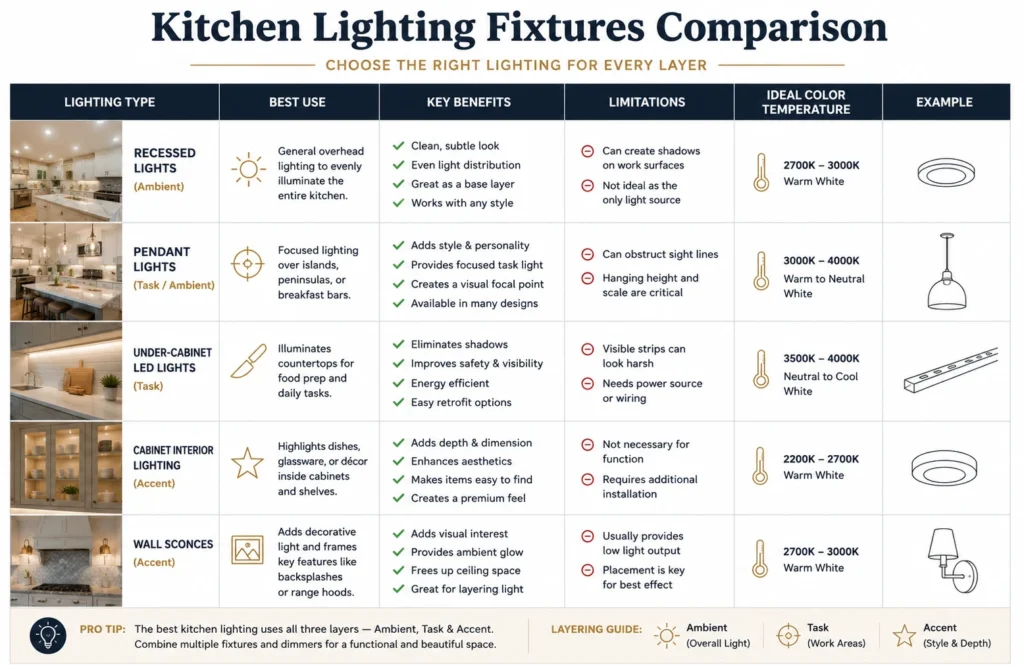 Kitchen lighting fixtures comparison table showing the benefits and limitations of different lighting types