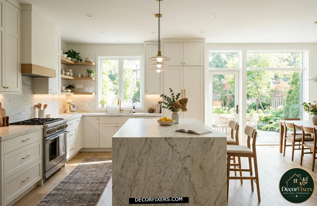 Kitchen combining natural daylight and layered artificial lighting for year-round brightness