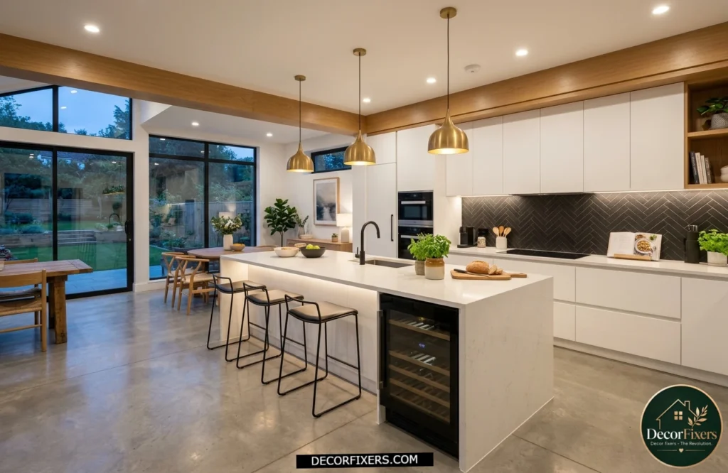 Kitchen recessed lighting creating an even ambient light foundation throughout a modern kitchen