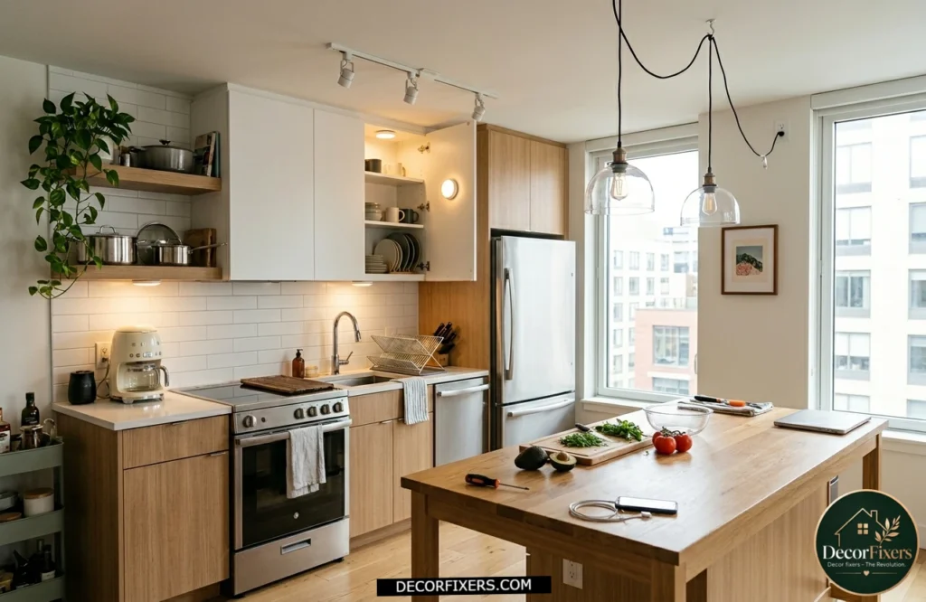 Kitchen featuring renter-friendly lighting upgrades using plug-in and battery-powered fixtures