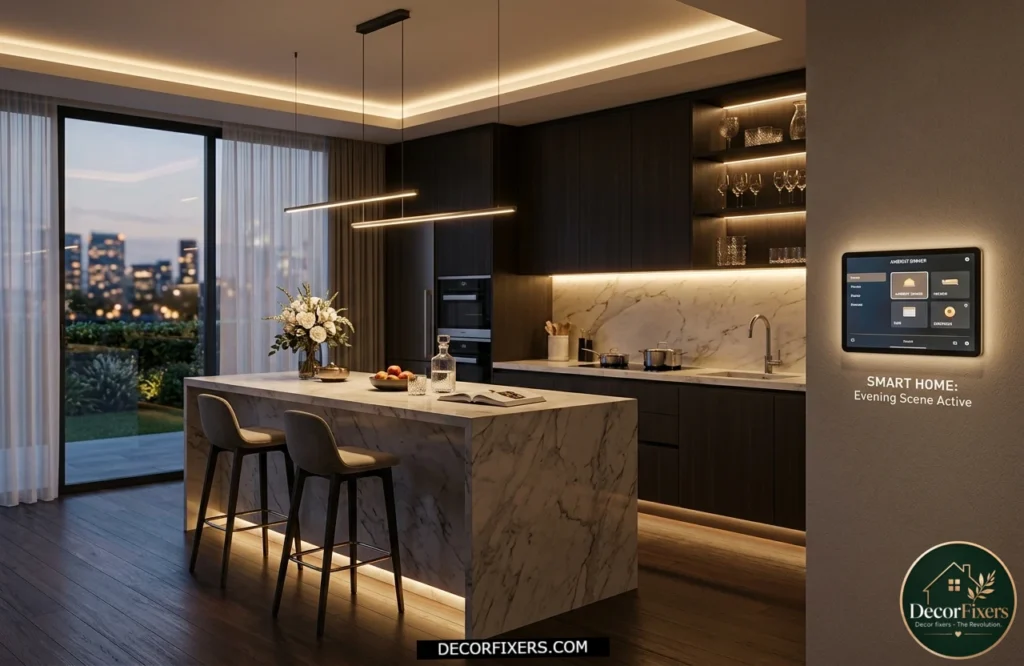 Kitchen using smart lighting scenes to control multiple lighting layers effortlessly