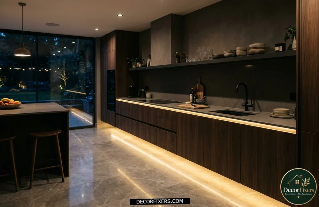 Kitchen toe-kick LED lighting creating a floating cabinet effect at night