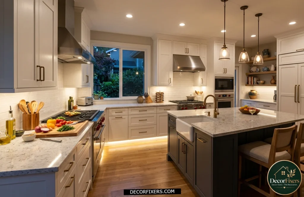 Kitchen under-cabinet LED lighting providing shadow-free task illumination on countertops