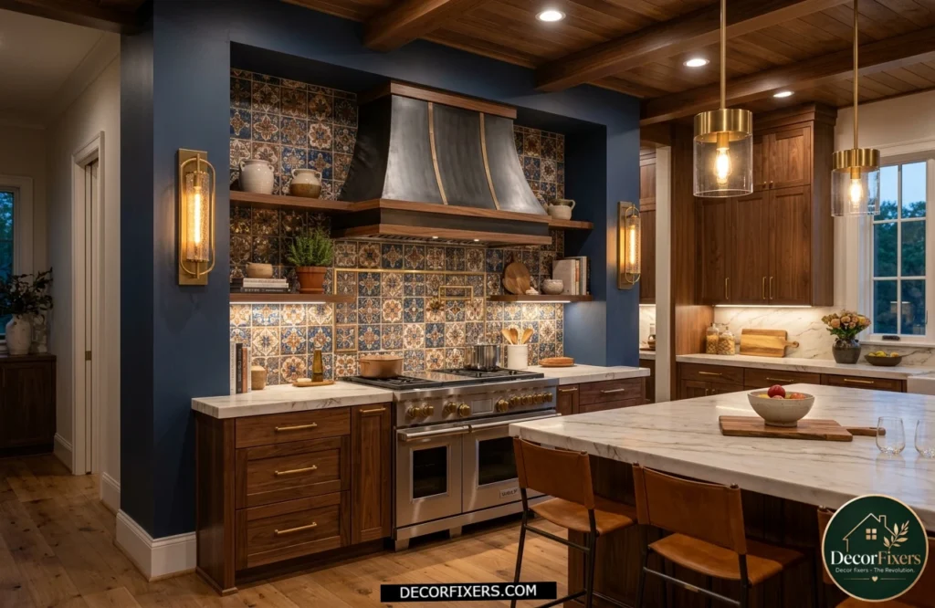 Kitchen wall sconces framing a backsplash and range hood with decorative lighting