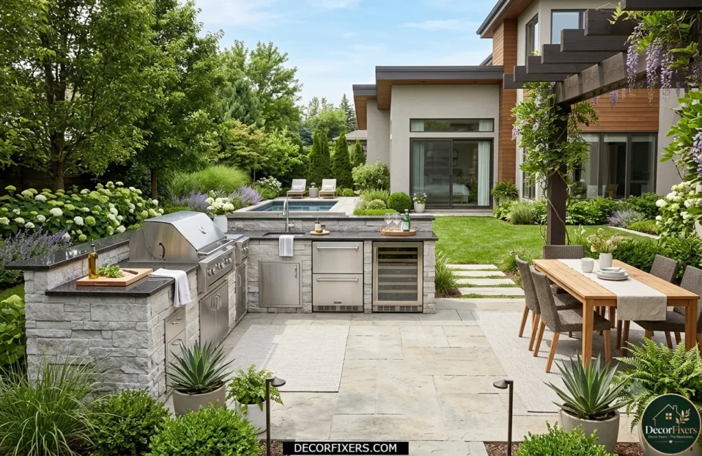 L-shaped outdoor kitchen with grill, sink, and refrigerator
