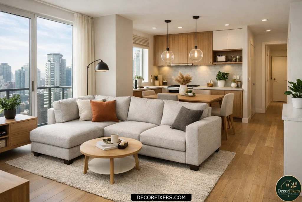 L-shaped sectional sofa defining a living area in a small open-plan apartment