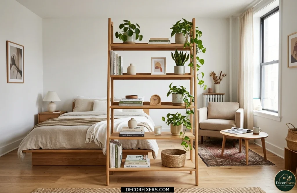 Ladder shelf used as a lightweight divider in a small bedroom