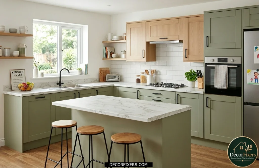 Affordable kitchen featuring realistic marble-look laminate countertops