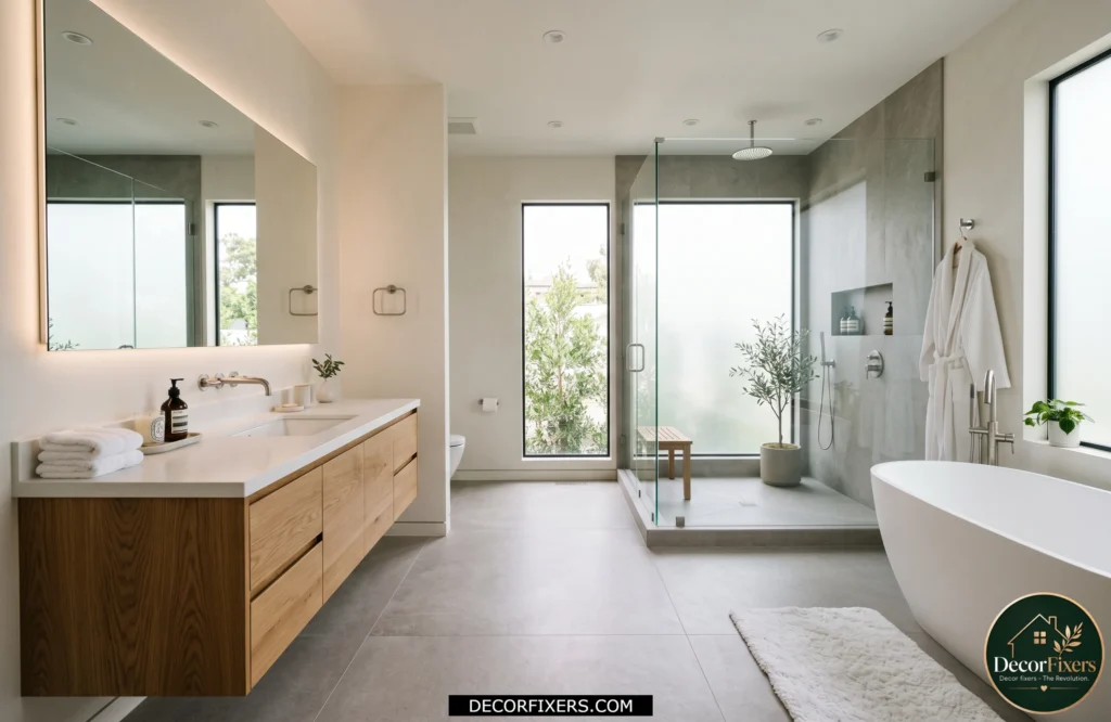 Large-format matte porcelain slab bathroom floor with minimal grout lines and modern spa-inspired design.