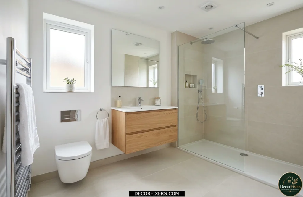 Large-format porcelain tile floor making a small bathroom look bigger