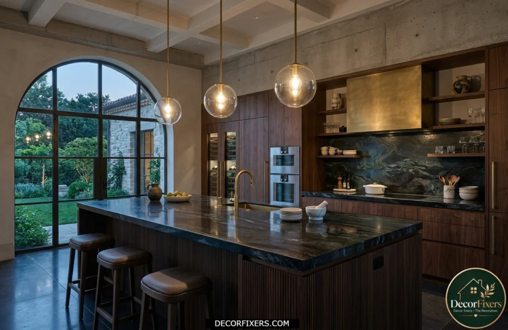 Ultra-luxury kitchen featuring premium lava stone countertops and a statement island