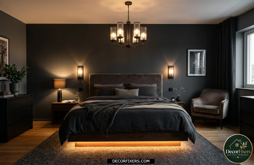 Dark bedroom showcasing ambient, task, and accent lighting for a warm and inviting atmosphere