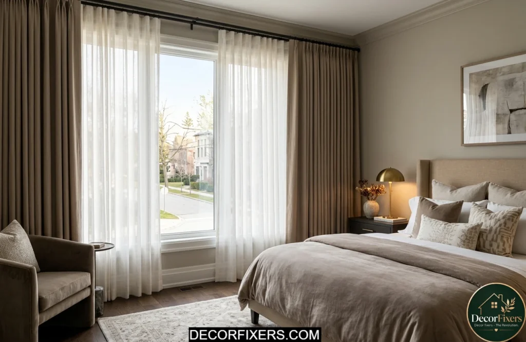 Layered sheer and blackout curtains creating flexible light control in a bedroom