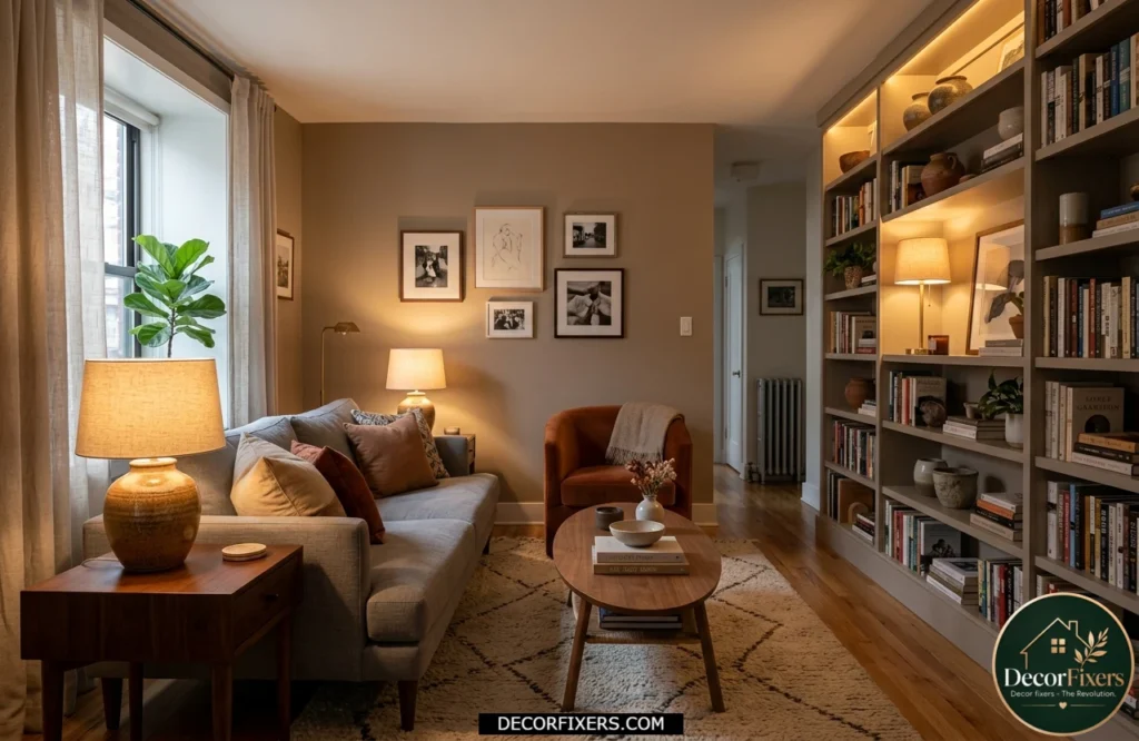 Two table lamps at different heights creating depth in a small living room.
