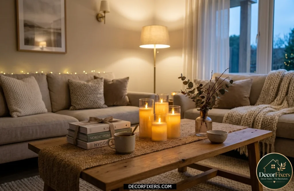 LED candles adding warm accent lighting to a small living room.
