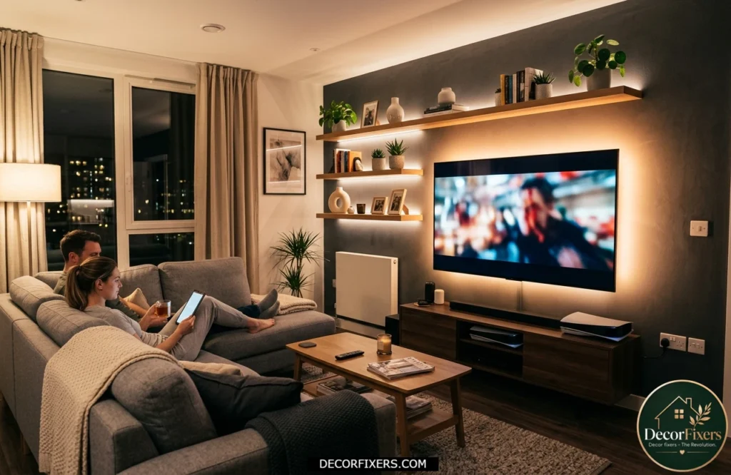LED light strips behind a television creating soft accent lighting.
