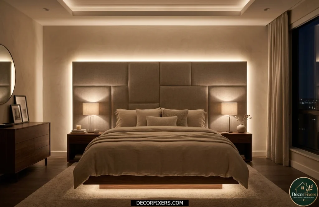 Warm LED strip lights creating a glowing halo behind a bedroom headboard