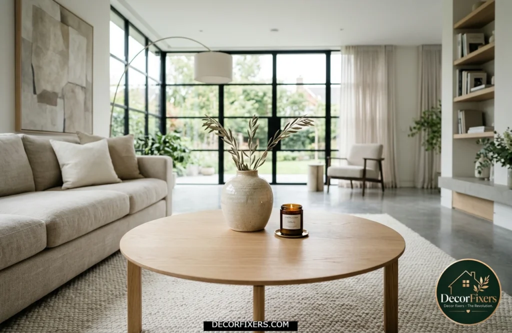 Minimalist round coffee table decorated with only a vase and candle for a clean elegant look.