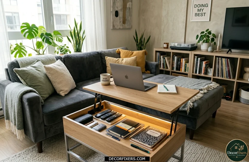 Lift-top coffee table with concealed storage and workspace functionality