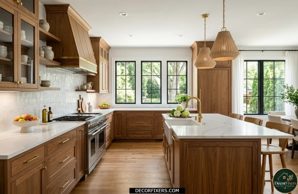 Light walnut shaker cabinets with white quartz countertops, brass hardware, and a bright modern kitchen layout.