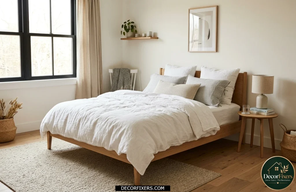 White Scandinavian bedroom styled with layered heavyweight linen bedding and textured textiles.
