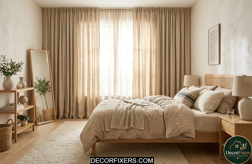 Natural linen drapes filtering soft daylight in a Scandinavian bedroom