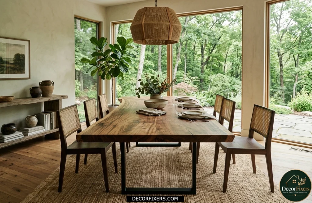 Live-edge walnut rectangular dining table with black metal legs