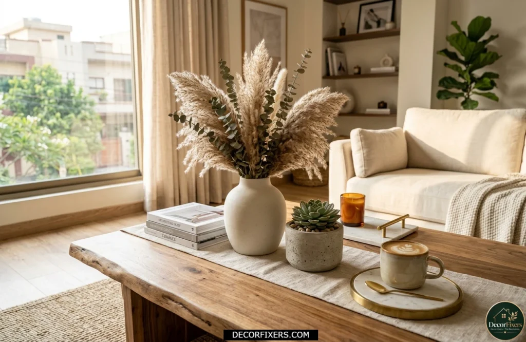 Coffee table decorated with pampas grass and natural greenery
