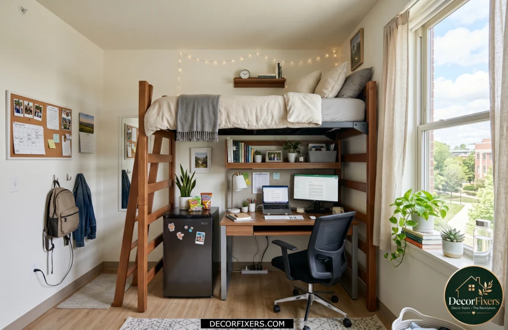 Lofted dorm bed creating extra floor space with desk and storage underneath.