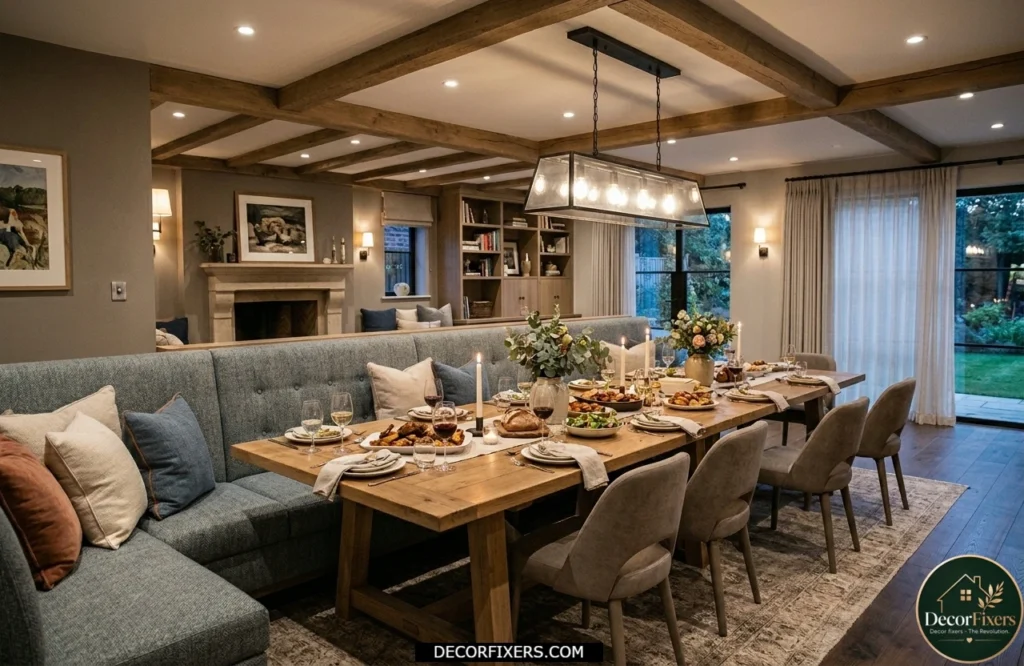 Long rectangular dining table with bench seating and upholstered dining chairs