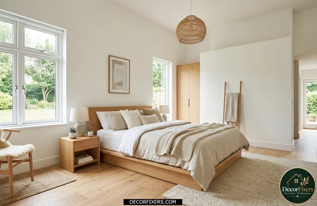 Modern Scandinavian bedroom showcasing a low platform oak bed and open airy layout.