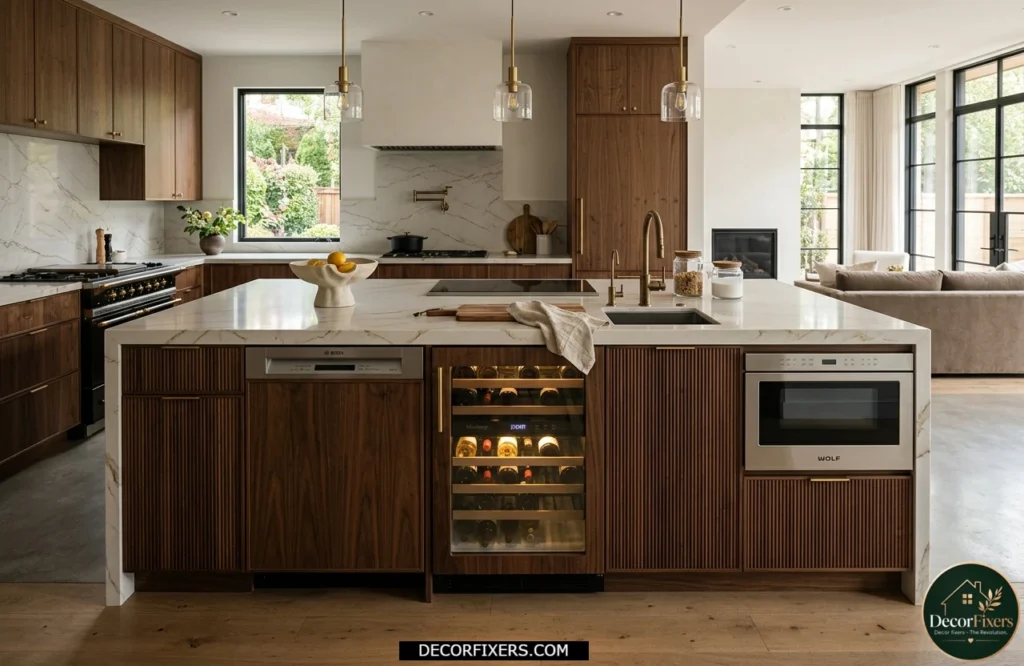 Luxury kitchen island with built-in wine fridge, dishwasher, and microwave drawer.
