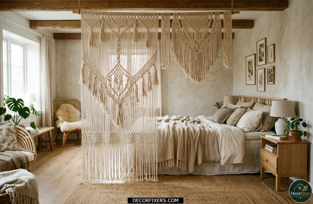 Large macramé hanging divider adding privacy and texture to a boho bedroom