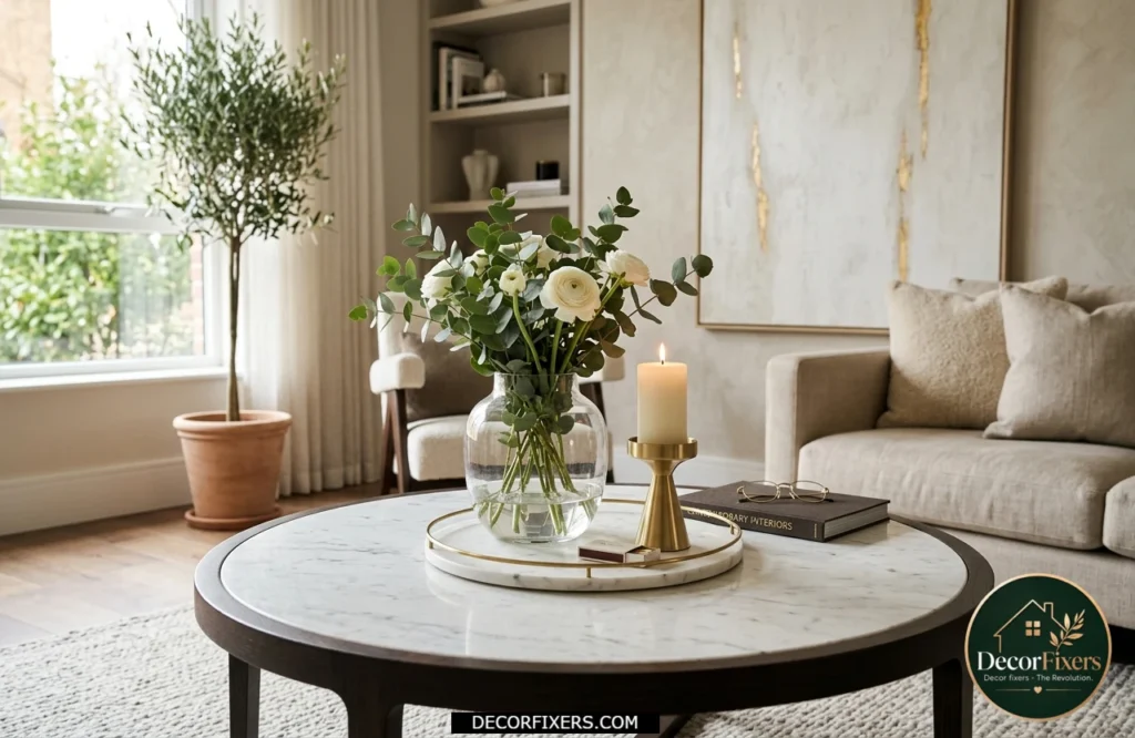 Marble tray and glass vase styling arrangement on a modern round coffee table.